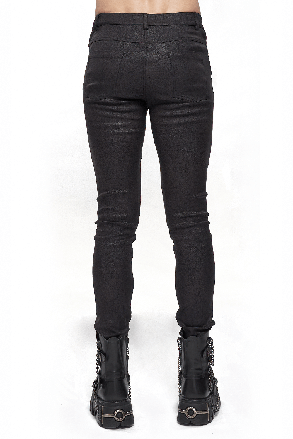 Men's black slim pants with metal pentagram detail, showcasing a stylish punk look from the back.