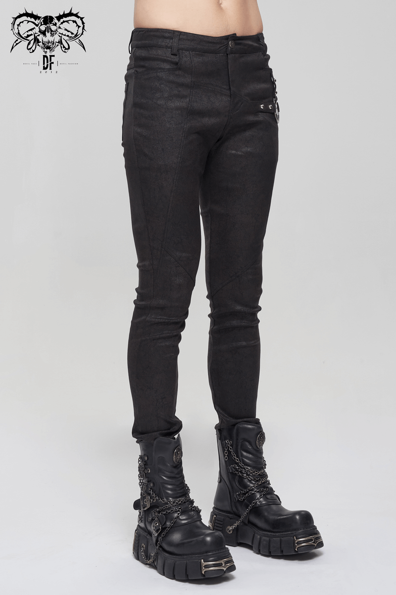 Men's gothic black slim pants with metal detailing and punk style boots, perfect for a fashionable punk wardrobe.