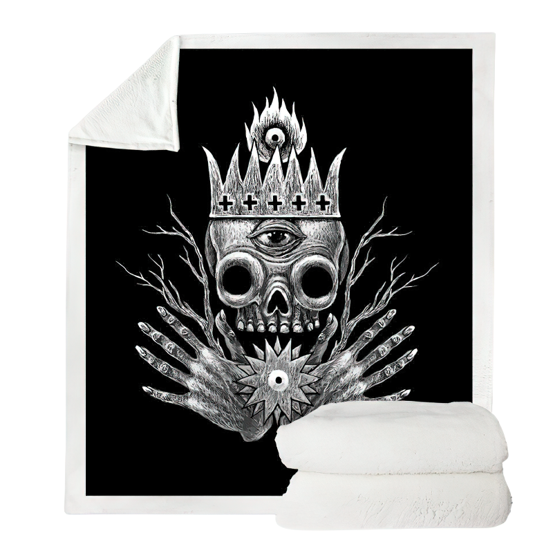 Gothic black plush blanket featuring a detailed 3D skull print, perfect for stylish warmth and home decor.