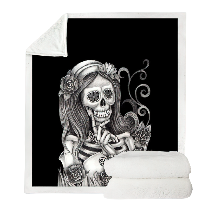 Gothic Black Plush Blanket with a 3D print of a female skeleton / Gothic Mystic Blankets of Sherpa - HARD'N'HEAVY