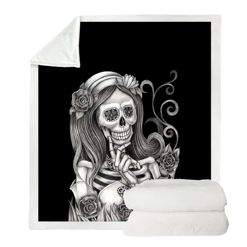 Gothic black plush blanket featuring a 3D print of a female skeleton with flowers, perfect for cozy evenings.