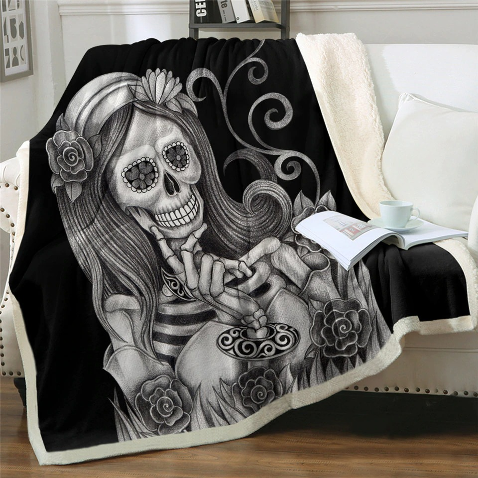 Gothic black plush blanket featuring a stunning 3D print of a female skeleton surrounded by flowers.