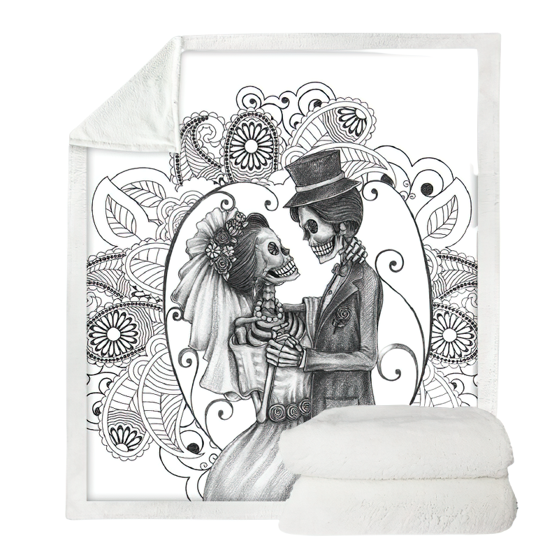 Gothic plush blanket featuring a romantic 3D skeleton design, perfect for cozy winter nights and unique home decor.