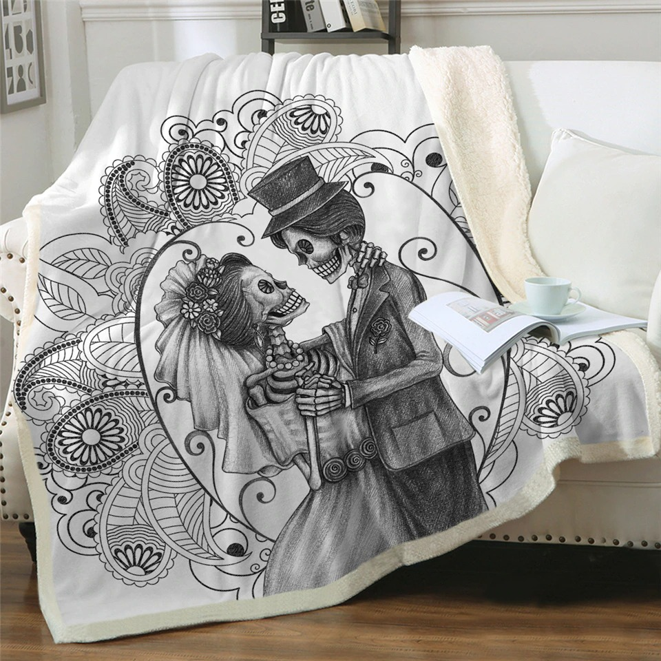 Gothic Plush Blanket with a 3D print pairs of skeletons / Gothic Mystic Blankets of Sherpa - HARD'N'HEAVY