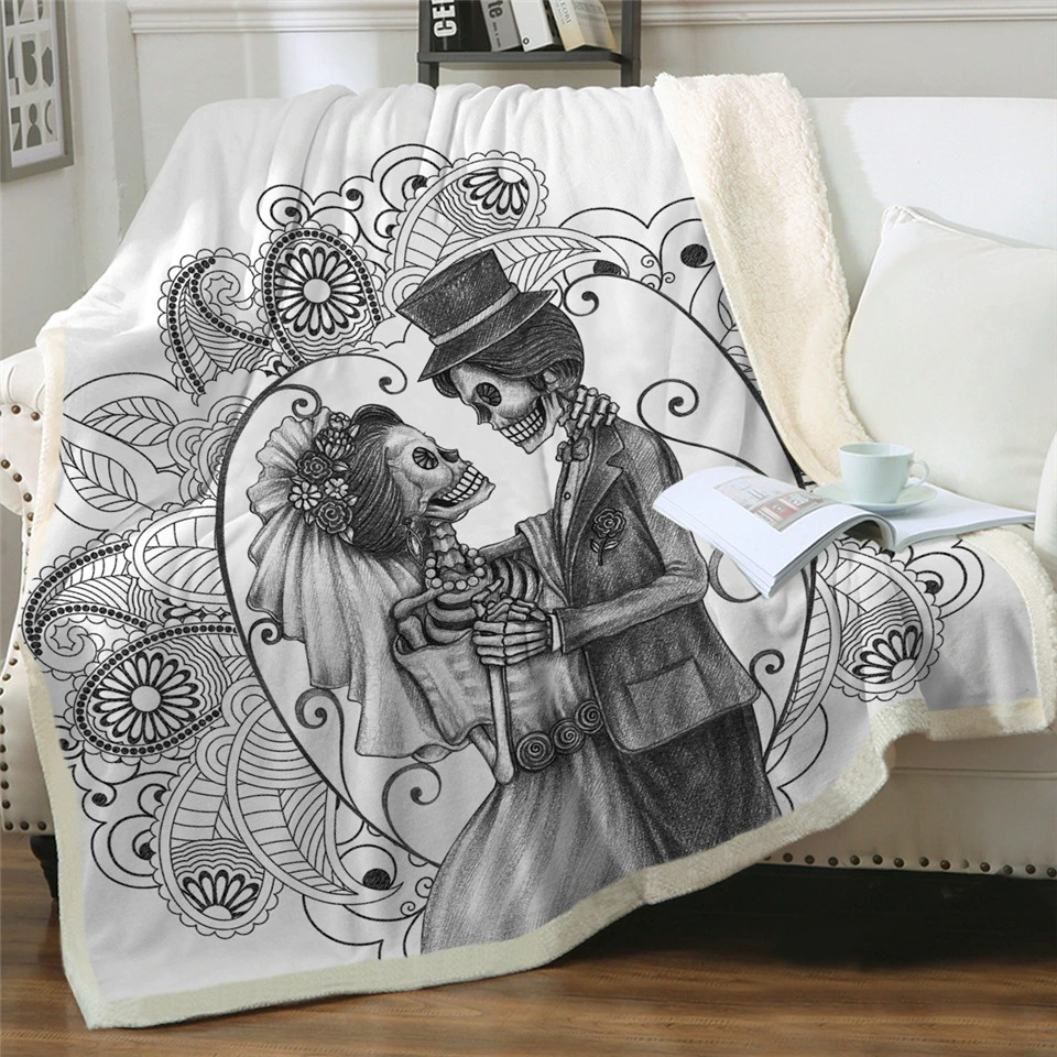 Gothic plush blanket featuring 3D print of a skeleton couple, perfect for cozy winter nights and home decor.