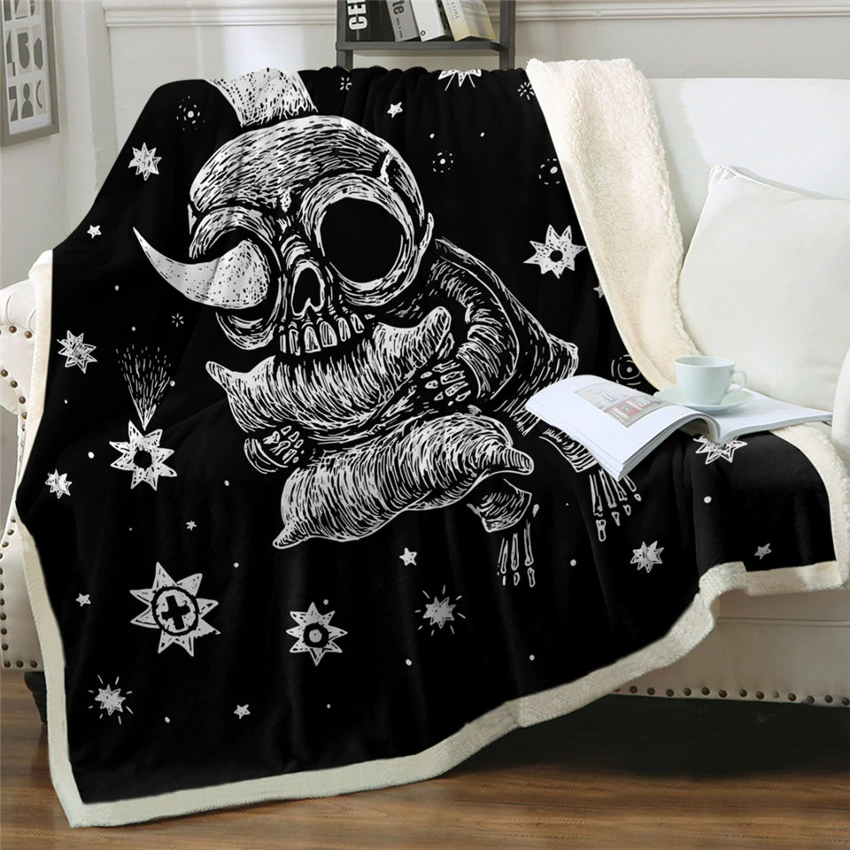 Gothic black plush blanket with skull moon design, cozy and warm, perfect for bed or sofa decoration.
