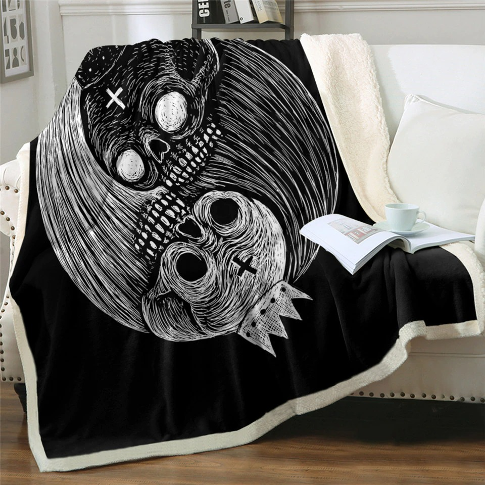 Gothic Black Plush Blanket With Skull Moon / Unisex Mystic Blanket With Sherpa #2 - HARD'N'HEAVY