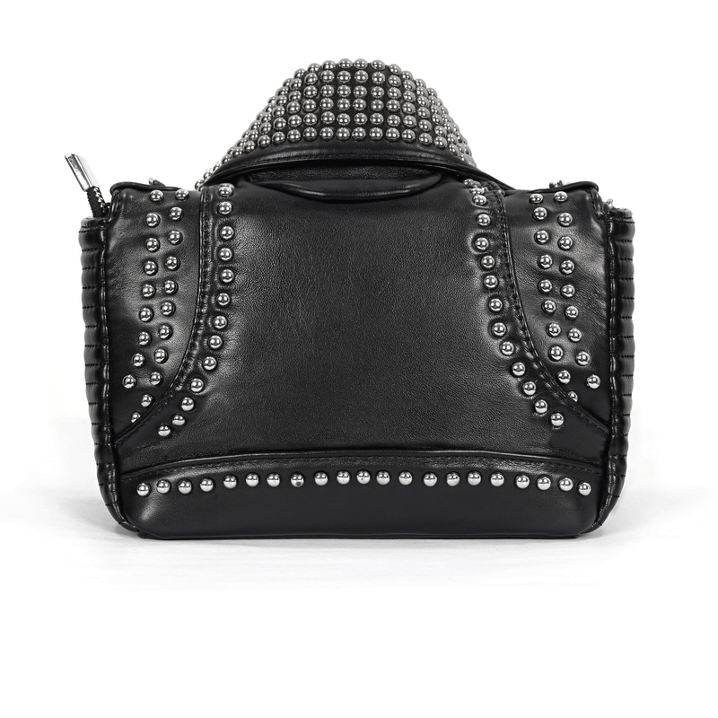 Punk style black PU leather shoulder bag with silver rivets and chain, perfect for edgy fashion lovers.