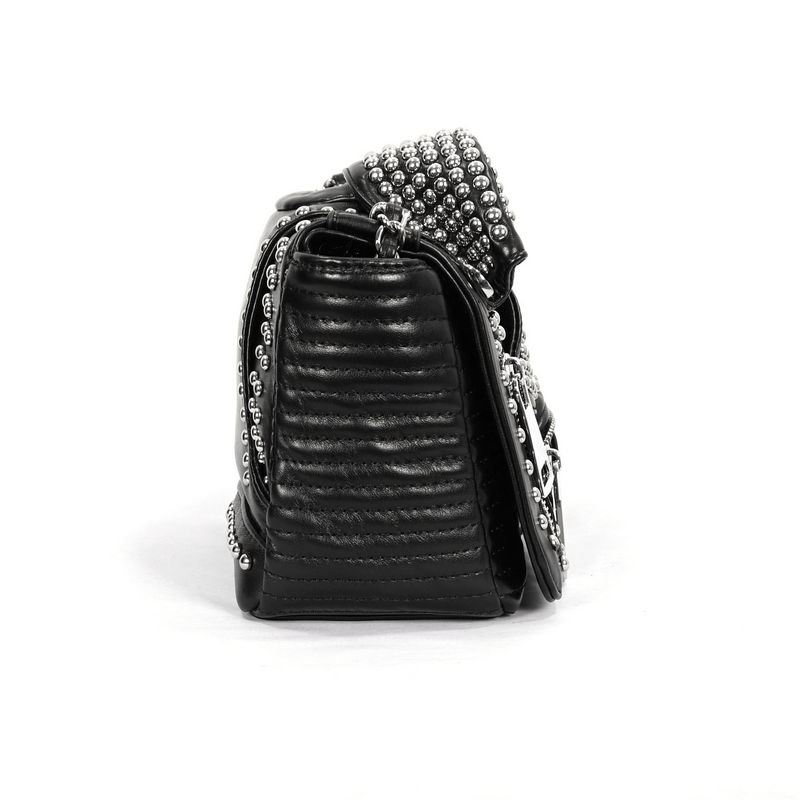 Stylish women's gothic black PU leather bag with silver rivets and chain detail, showcasing punk chic design.
