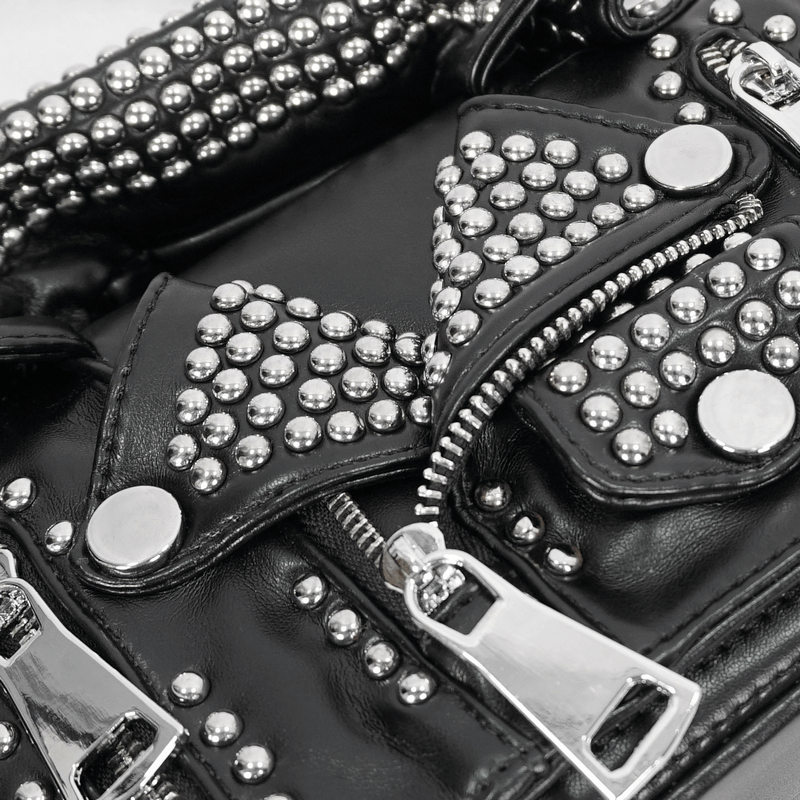 Close-up of gothic black PU leather bag with silver rivets and zippers, showcasing punk style and edgy details.