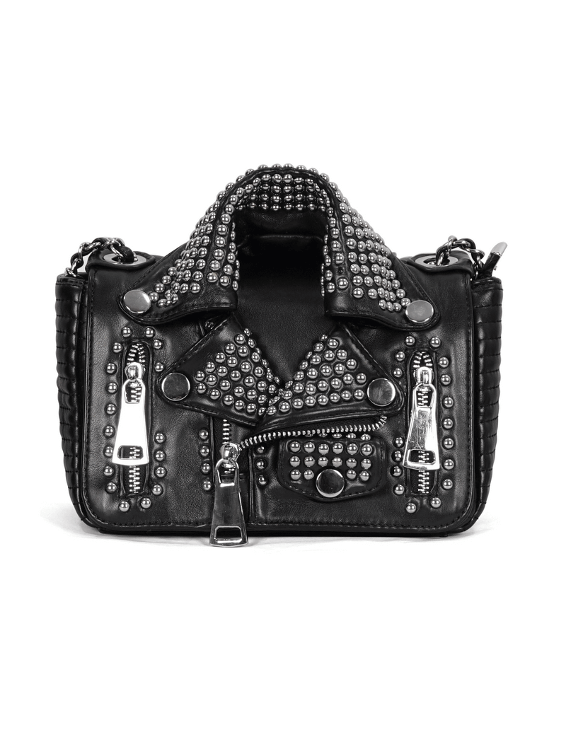 Gothic black PU leather shoulder bag with silver rivets and chain, perfect for a punk style look.