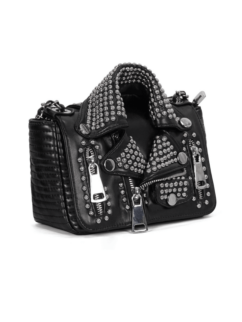 Stylish black punk shoulder bag with silver rivets and zippers, perfect for adding edge to any outfit.