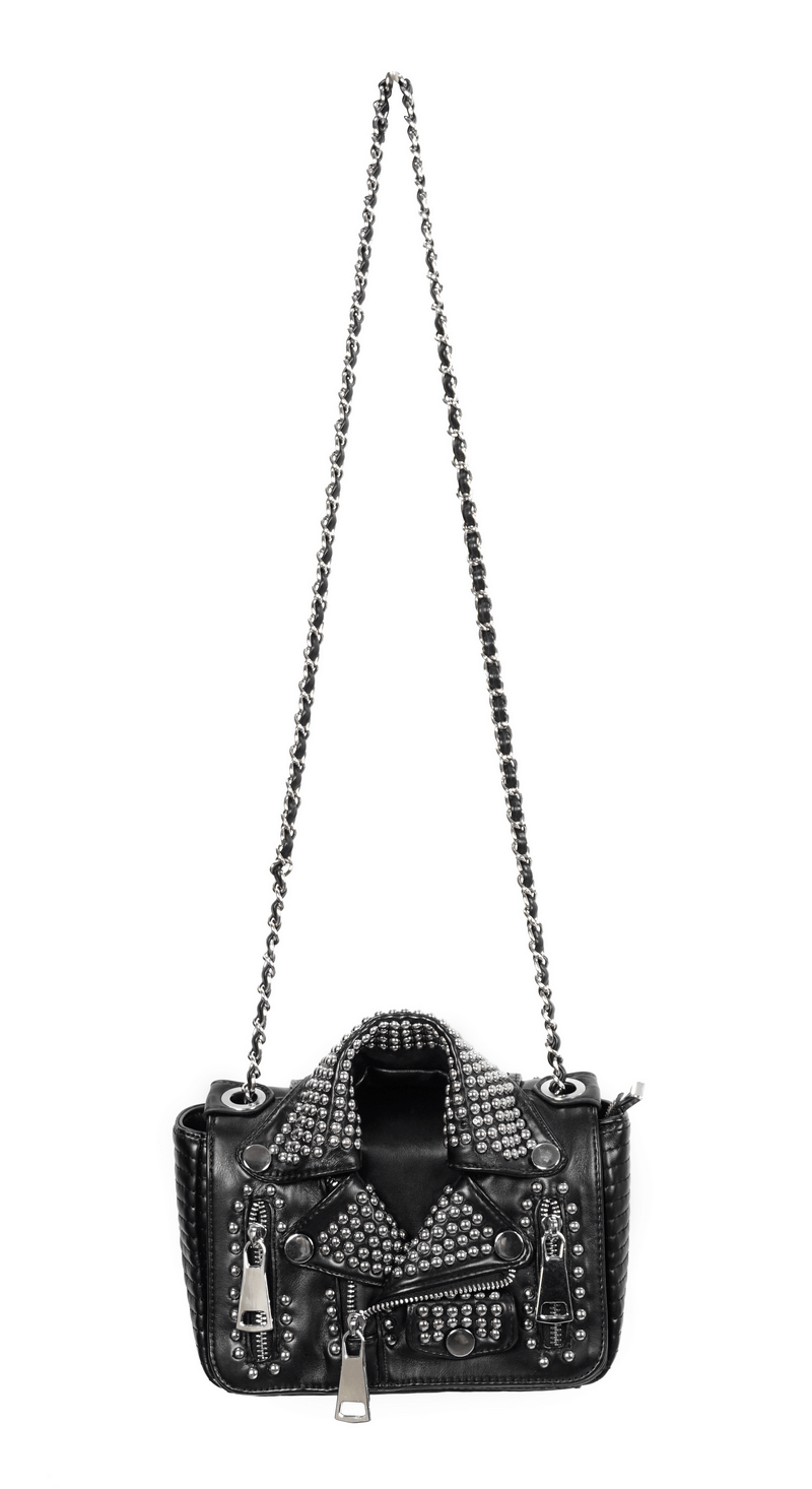 Stylish black PU leather shoulder bag with silver rivets and chain for a punk look.