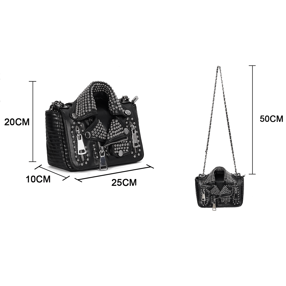 Gothic Black Rivets Jacket Bag With Chain / Punk Pu Leather Shoulder Bag - HARD'N'HEAVY