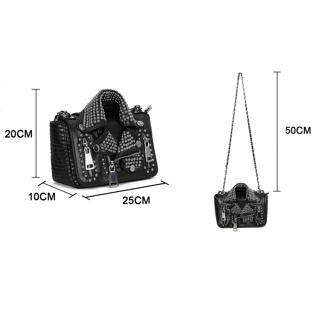 Gothic black rivets jacket bag with chain, punk style PU leather shoulder bag dimensions 25x20x10cm.