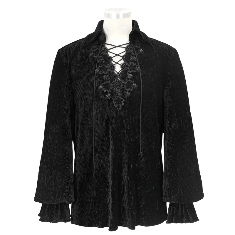 Gothic Black Shirts with Lacing / Elegant Flare Long Sleeve Blouse for Men - HARD'N'HEAVY