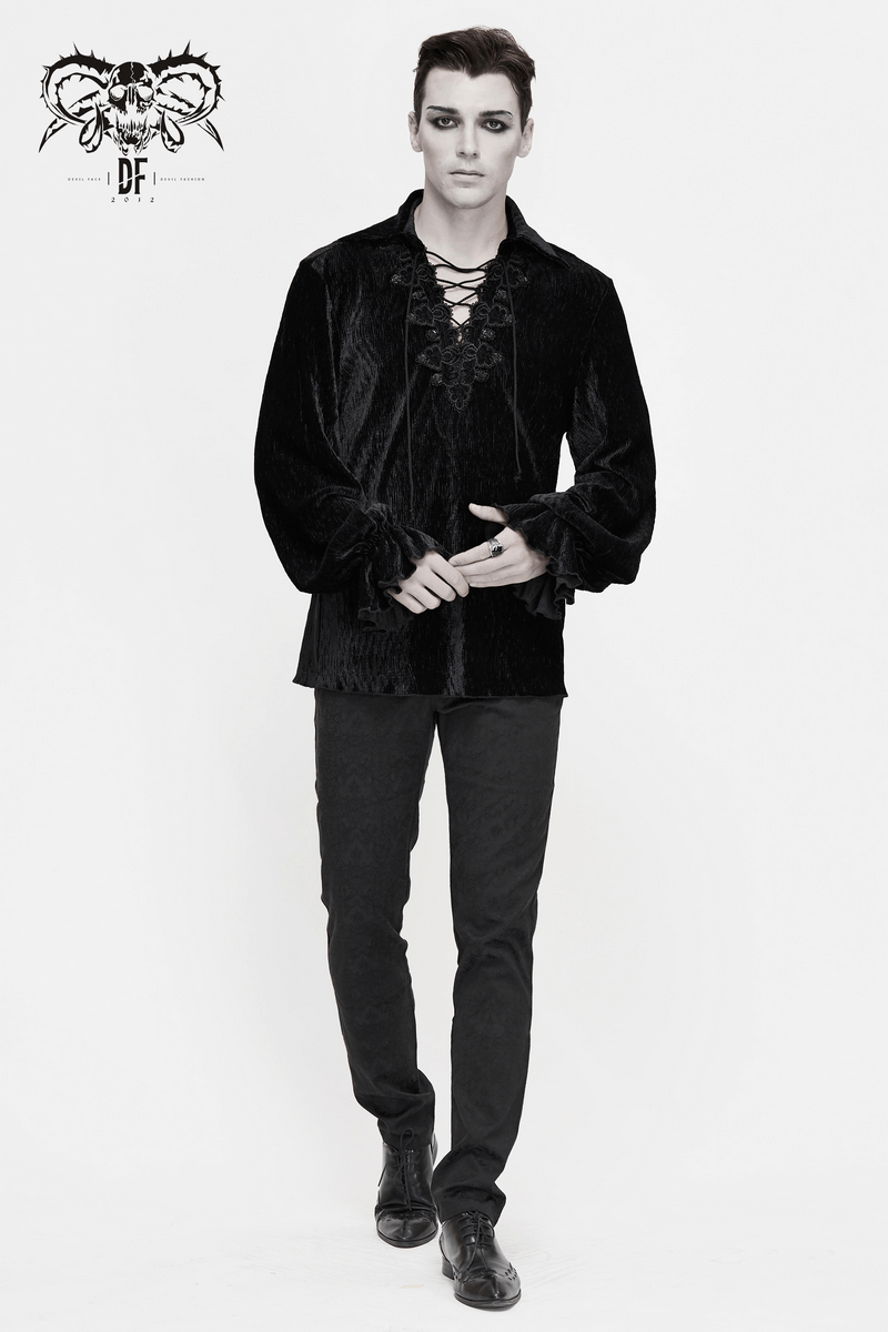 Gothic Black Shirts with Lacing / Elegant Flare Long Sleeve Blouse for Men - HARD'N'HEAVY
