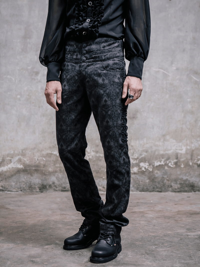 Gothic Black Silk Pants / Men's High Waist Trousers / Steampunk Fashion Embroidery Pants - HARD'N'HEAVY