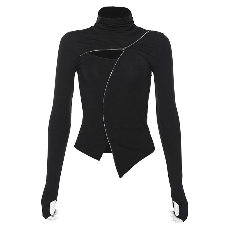 Gothic black slim long sleeve top with turtleneck and stylish zipper design for women's casual wear.