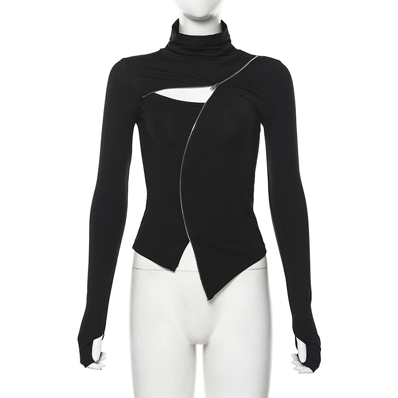 Gothic black slim long sleeve turtleneck top with stylish zipper detail and unique cutout design.