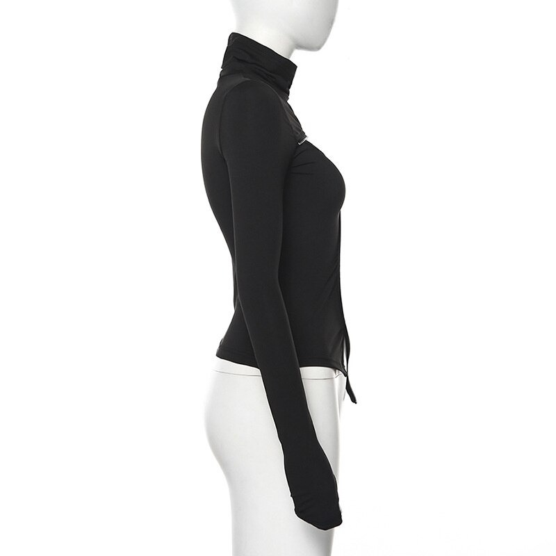Gothic black slim long sleeve women's turtleneck top with zipper detail, showcasing a stylish fitted silhouette.