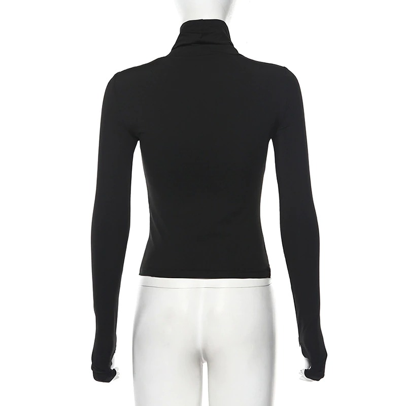 Back view of Gothic black slim long sleeve top with turtleneck style, showcasing its sleek design for women.