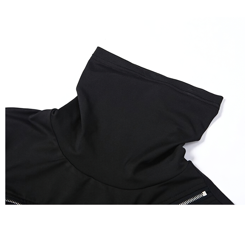 Close-up of a gothic black long sleeve turtleneck top showing the unique collar design and smooth fabric texture.