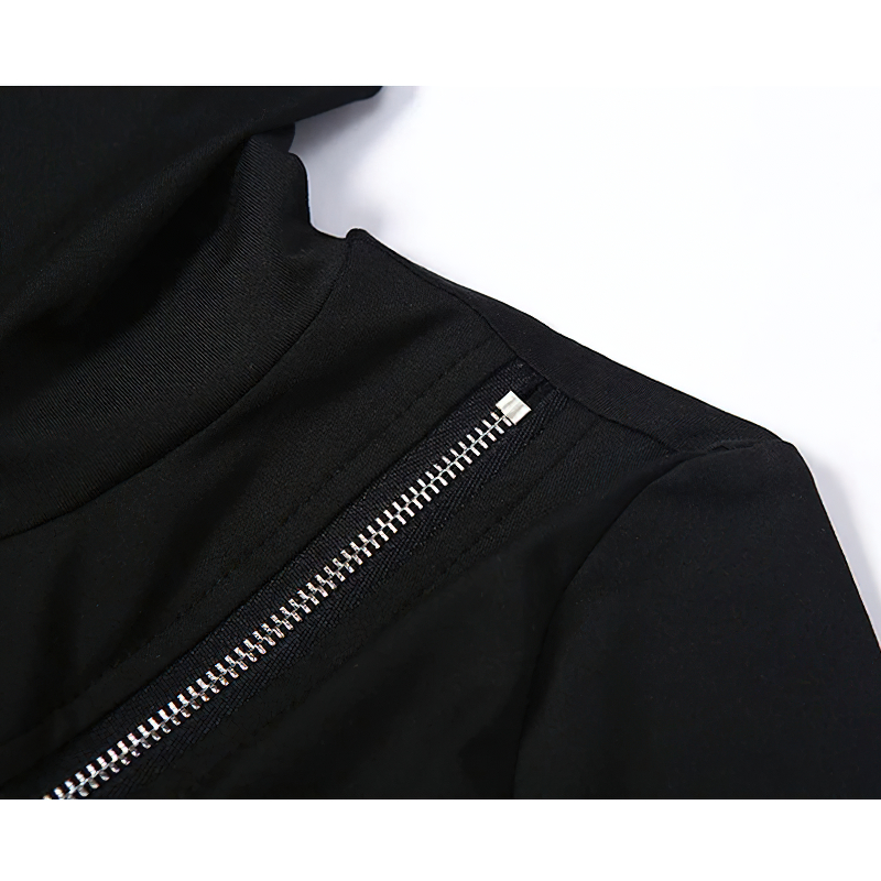 Close-up of a stylish gothic black women's long sleeve top with zipper detail, showcasing its unique design.