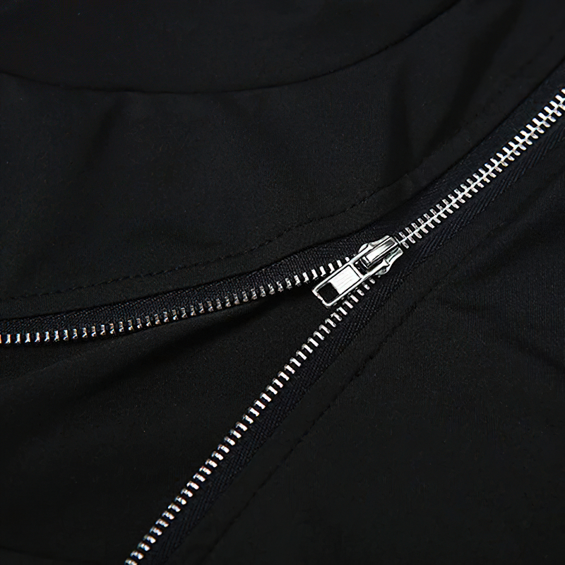Close-up of the zipper detail on a black gothic long sleeve top design, showcasing stylish and unique features.