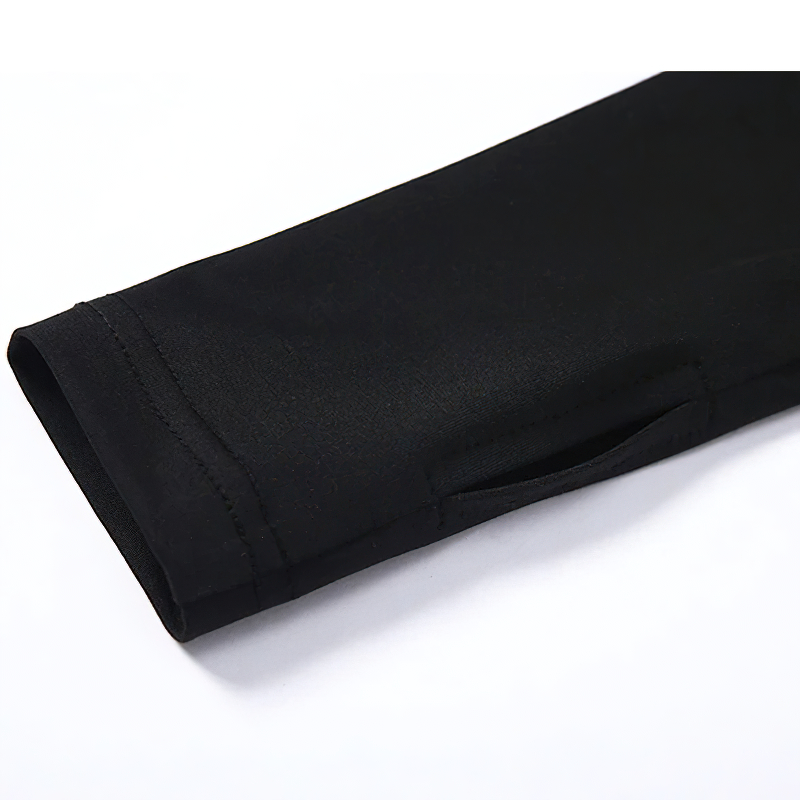 Close-up of the sleeve on a Gothic black long sleeve top, showcasing its sleek design and fabric texture.