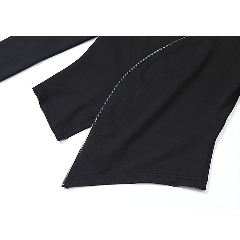Gothic black long sleeve top featuring unique zipper design and form-fitting cut for a stylish silhouette.