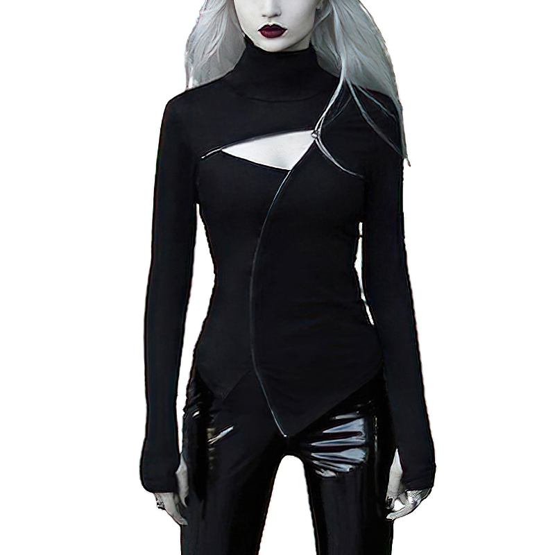 Gothic black slim long sleeve turtleneck top with unique zipper design, perfect for adding a dramatic flair to any outfit.