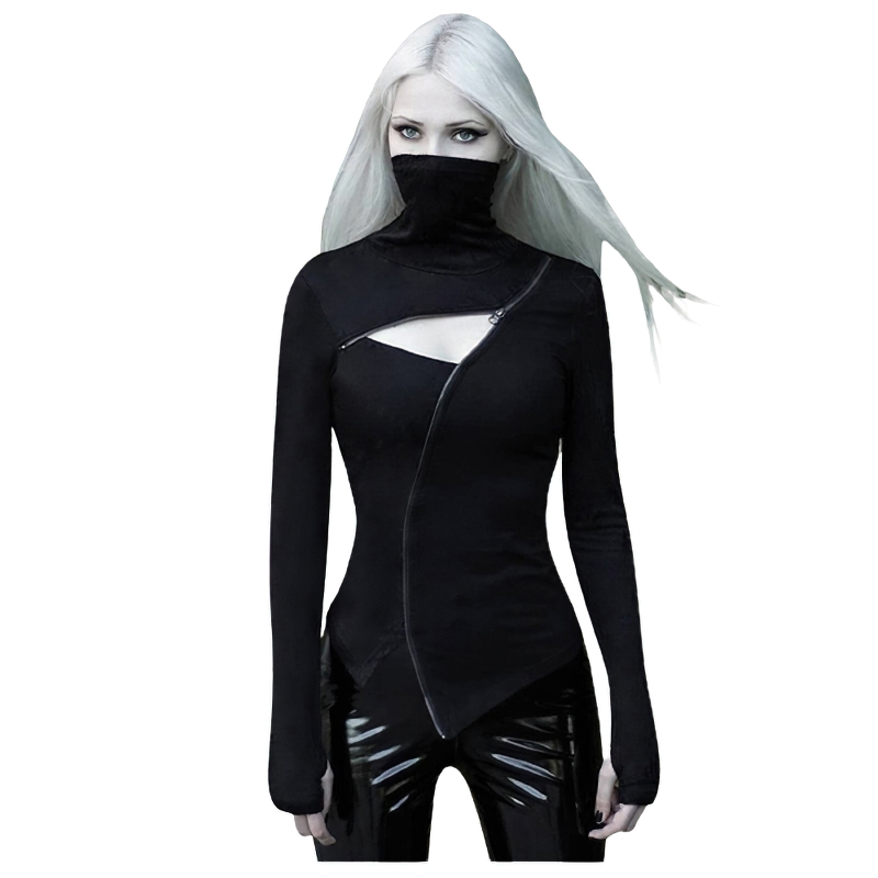Gothic Black Slim Long Sleeve Top / Casual Zipper Open Women's Turtleneck - HARD'N'HEAVY