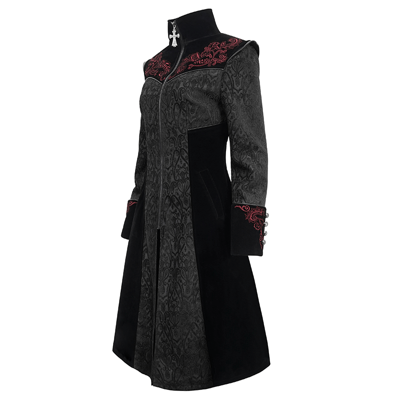 Gothic black floral embroidered coat for women with stand collar, a chic alternative fashion outerwear piece.