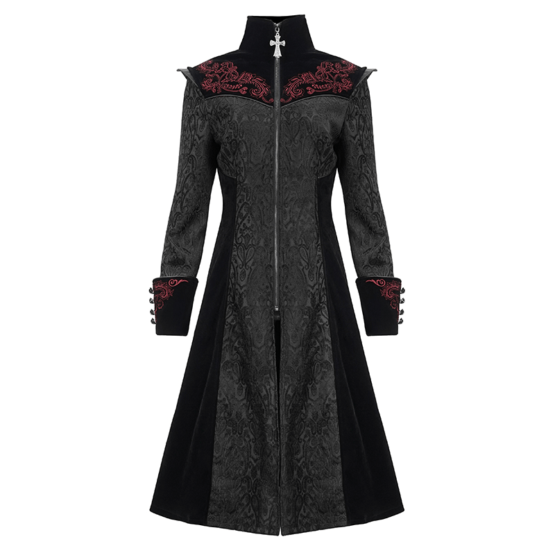 Gothic black floral embroidered coat with stand collar and elegant design for women in alternative fashion.
