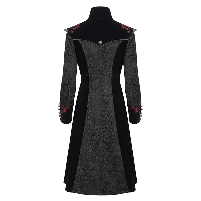 Back view of a women's gothic black coat with floral embroidery, perfect for alternative fashion outerwear.