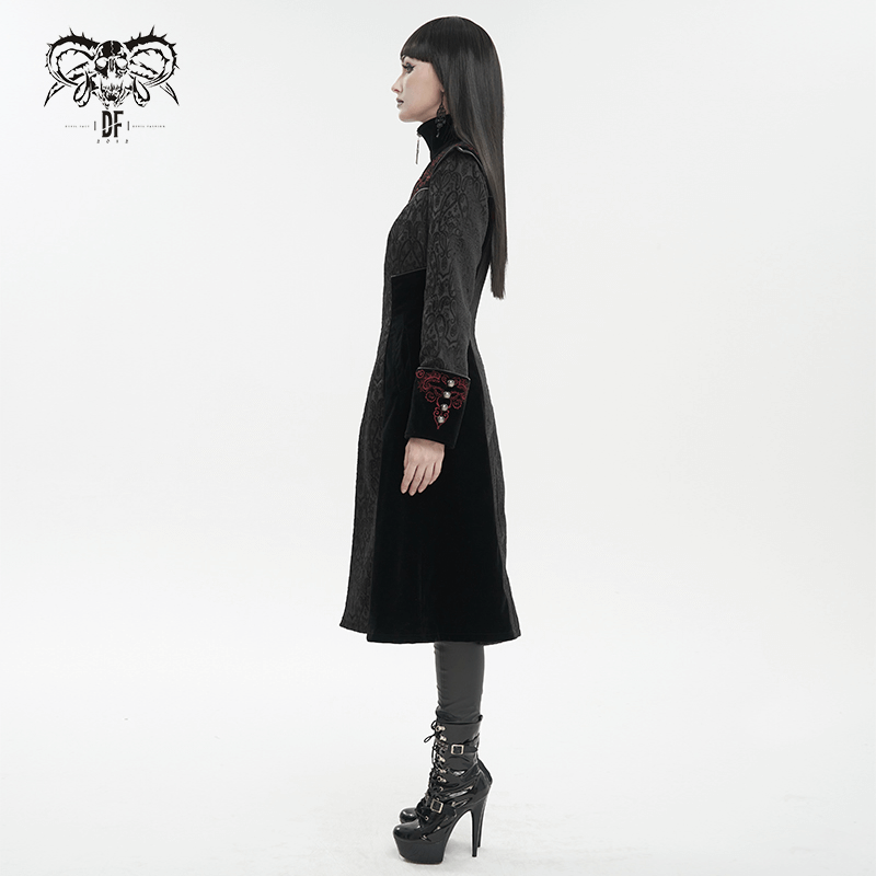 Gothic black stand collar floral embroidered coat for women, showcasing alternative fashion style from the side.