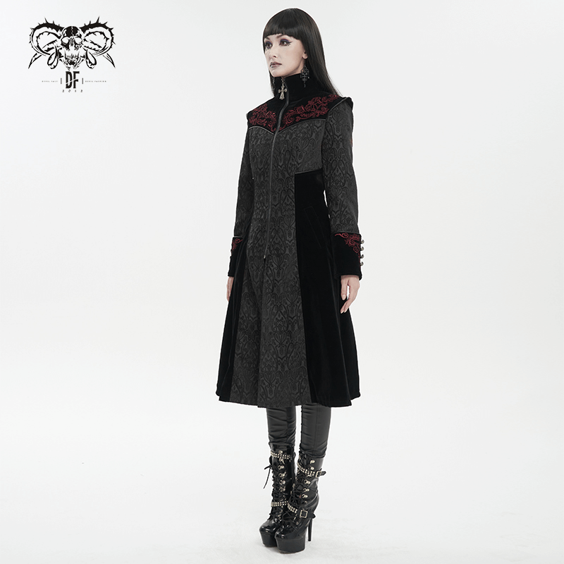 Gothic black floral embroidered stand collar coat for women, showcasing alternative fashion style and elegance.