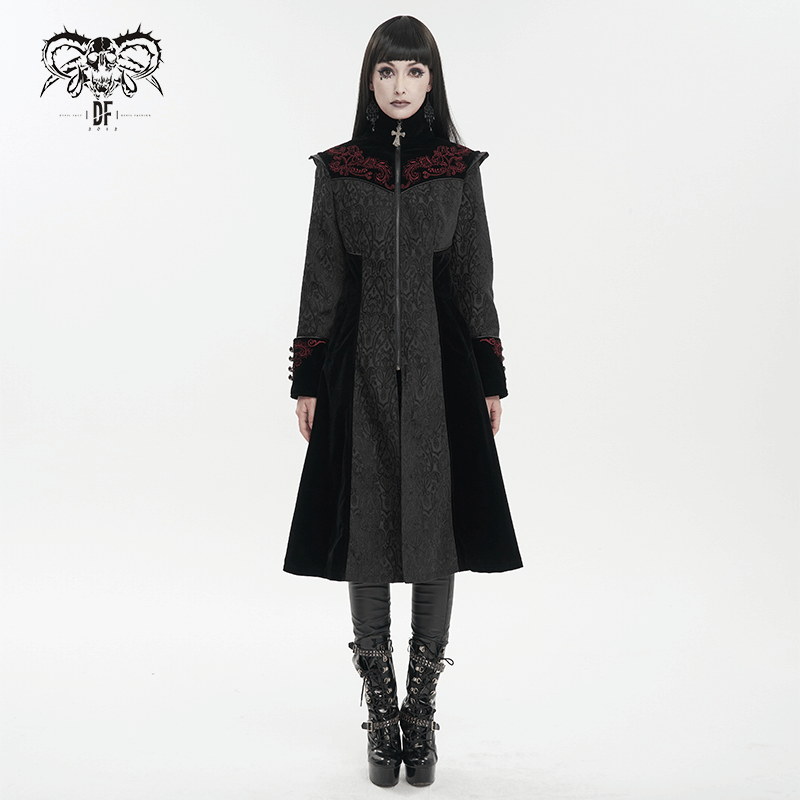 Gothic black floral embroidered coat for women, featuring a stand collar and alternative fashion design.