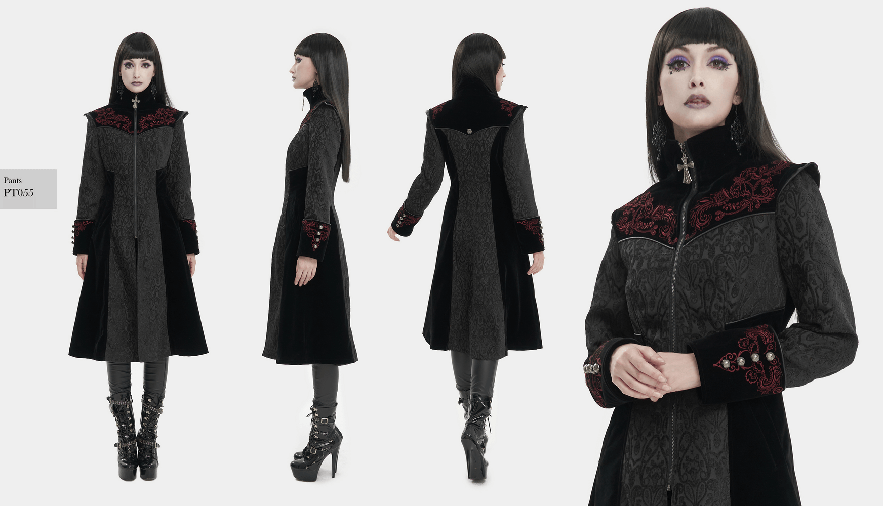 Gothic black stand collar floral embroidered coat for women in alternative fashion, showcasing unique style and intricate design.