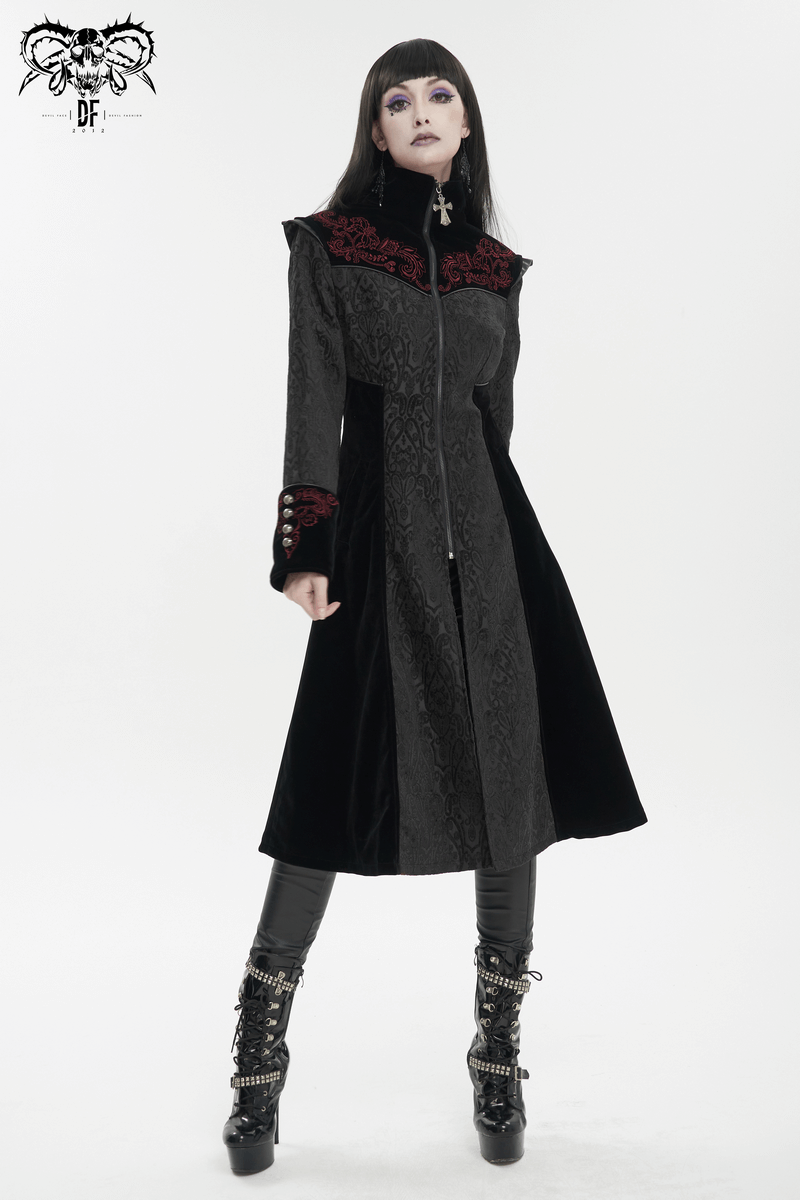 Gothic black stand collar floral embroidered coat for women, perfect alternative fashion outerwear.