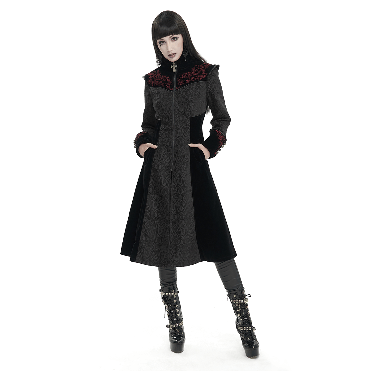 Gothic Black Stand Collar Floral Embroidered Coat for Women / Alternative Fashion Outerwear