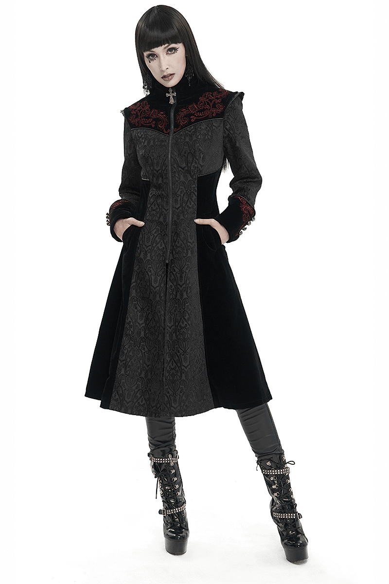 Gothic black floral embroidered coat for women, featuring a stand collar and stylish design for alternative fashion.