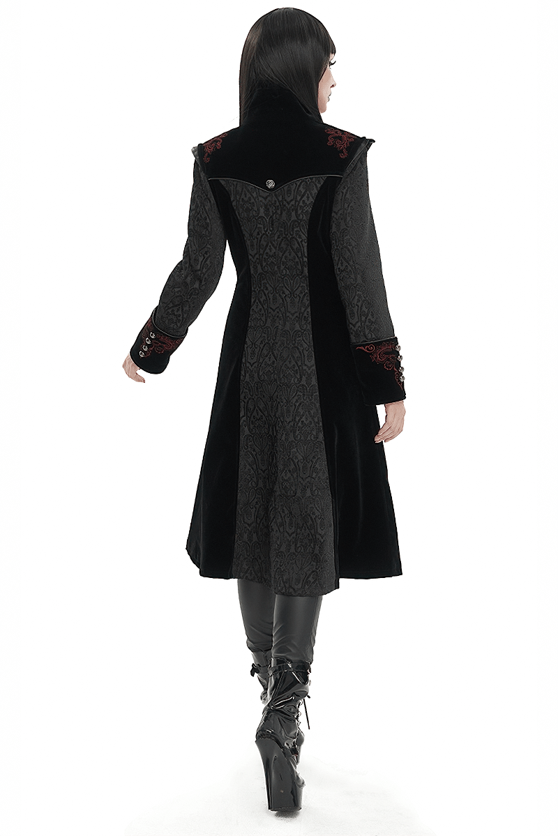 Women's gothic black coat with floral embroidery, featuring a stand collar and elegant back design.