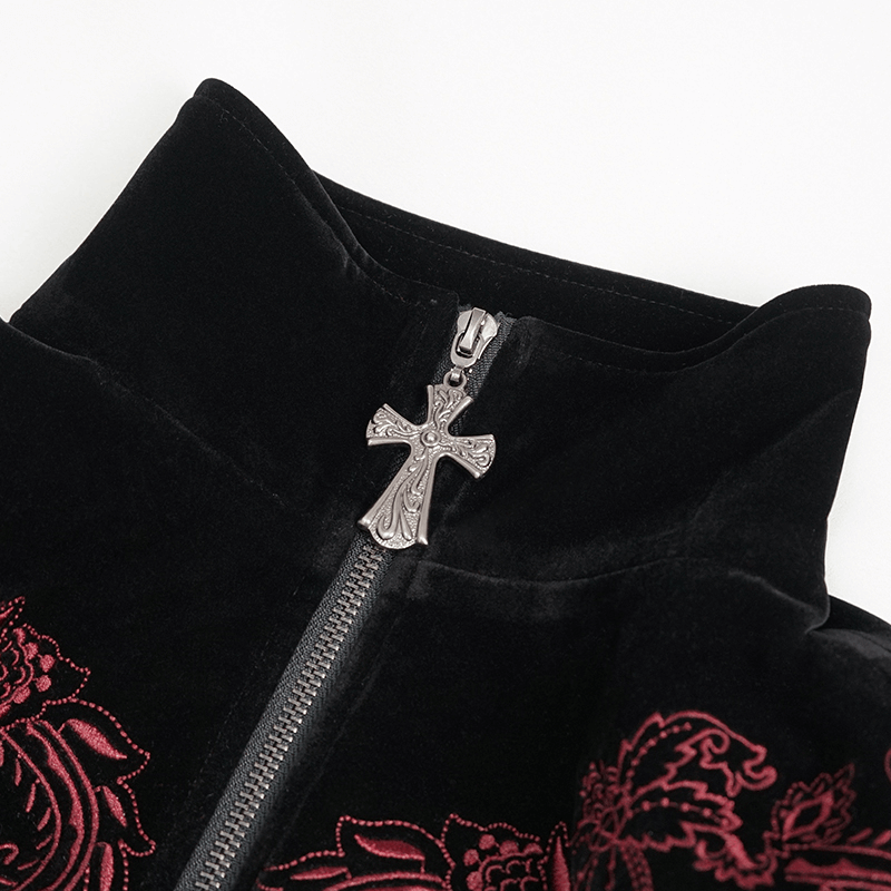 Gothic black coat stand collar with silver cross zipper and floral embroidery detail for alternative fashion.