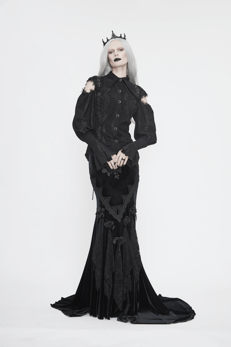 Gothic model in black dress with vintage tiara, showcasing elegant dark fashion and hair accessories for women.