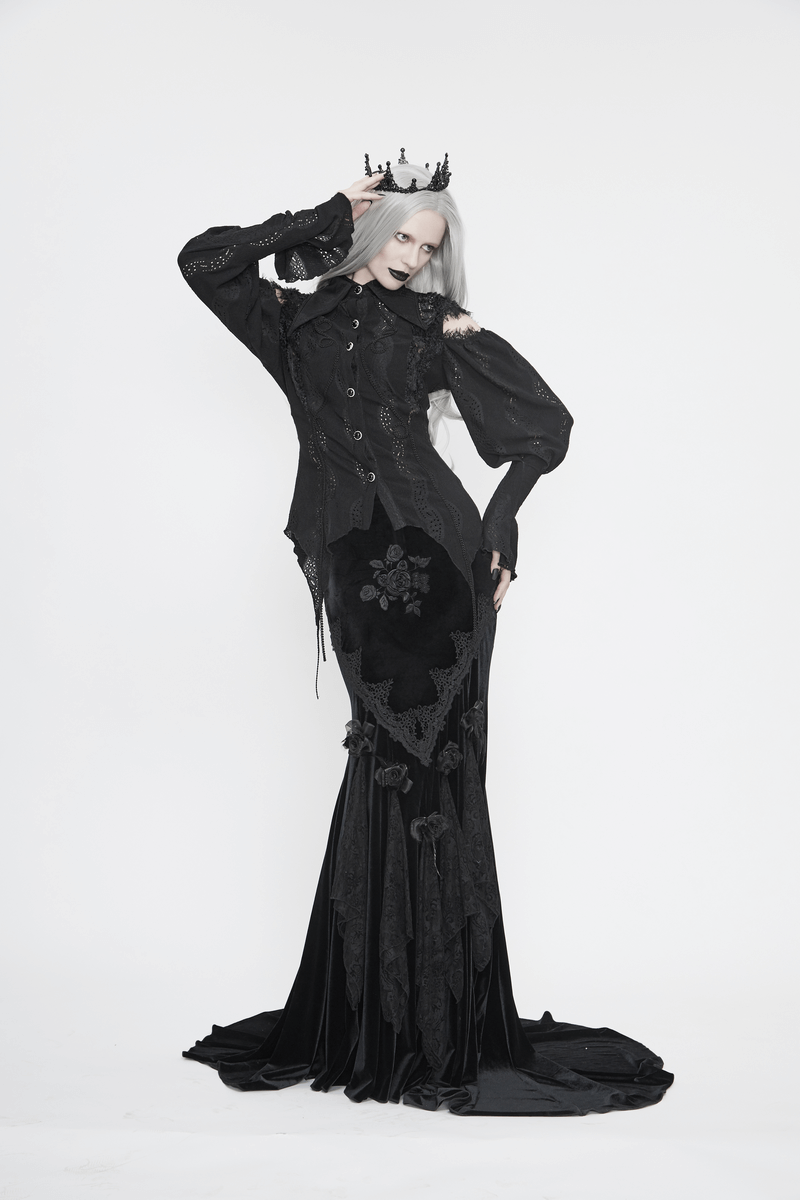 Elegant woman in gothic black dress with a vintage tiara, showcasing a dramatic, stylish look perfect for gothic fashion.