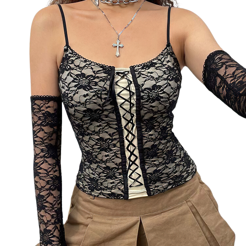 Gothic Black Strap Skinny Lace Tank Top For  Women / Sexy Cropped Camis With Gloves - HARD'N'HEAVY