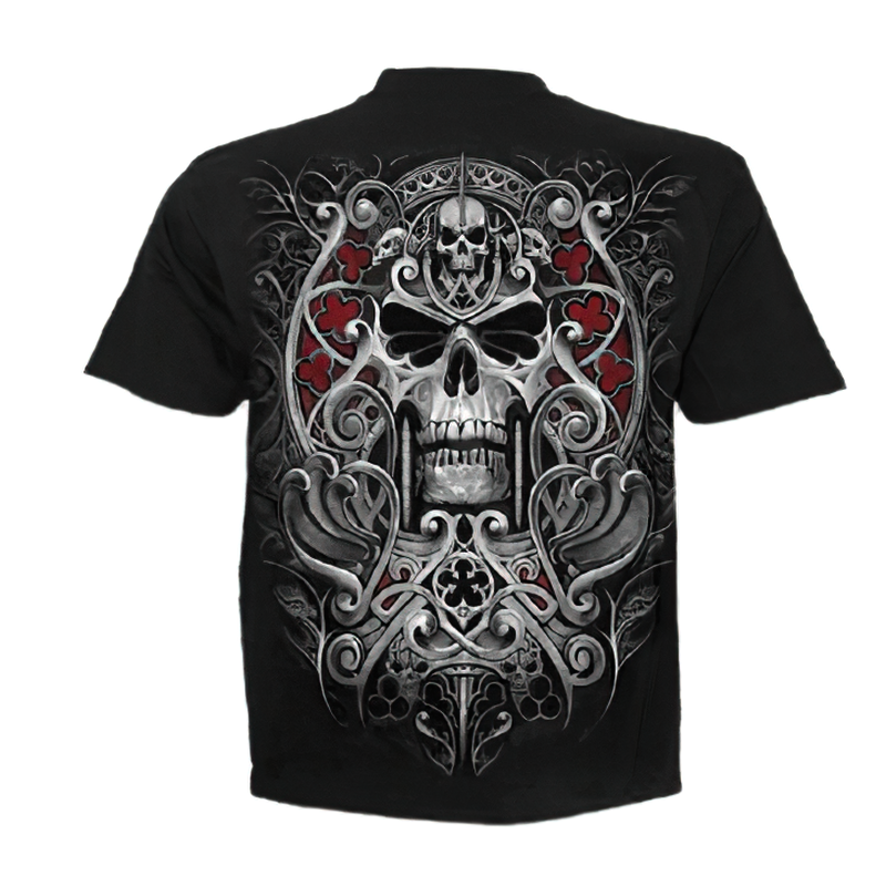 Stylish gothic black T-shirt featuring a 3D skull design with intricate silver and red details.
