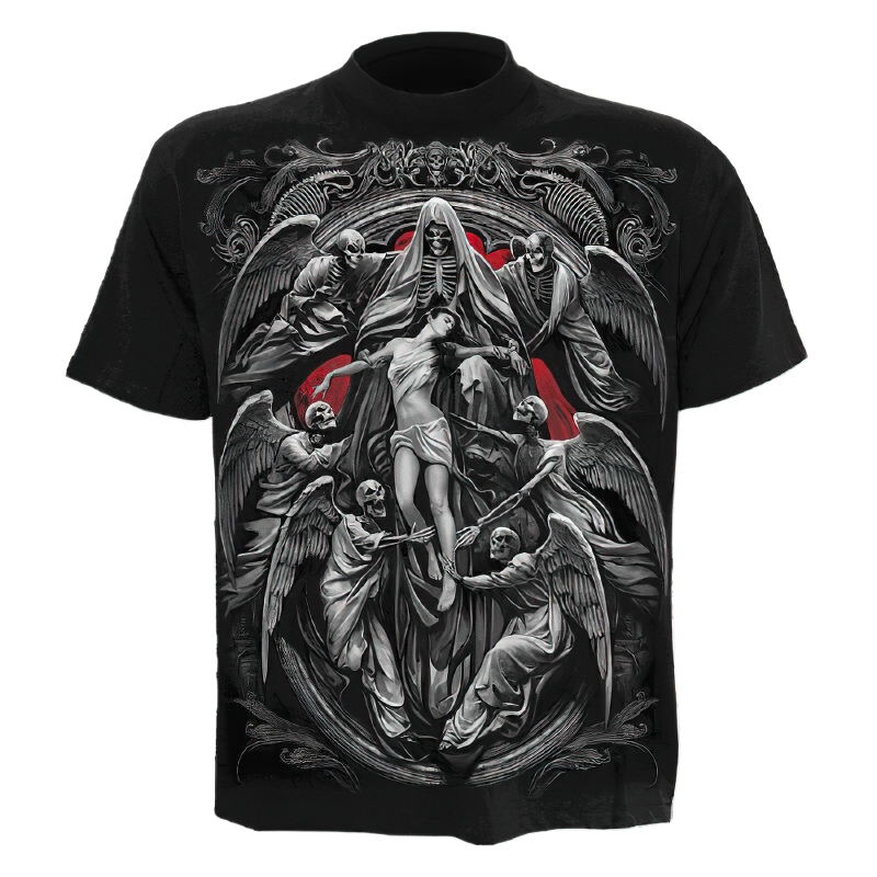 Gothic black T-shirt featuring 3D print of dark angels and a mysterious figure, perfect for summer street style.